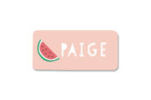 This is a pink name label by peetie design called Watermelon with standard printing on waterproof sticker paper in sticker.